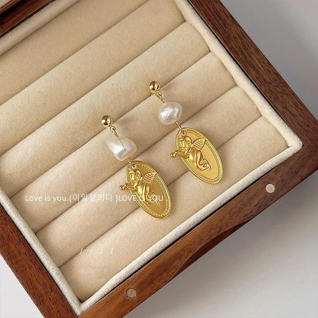 Vintage Oval Baroque Freshwater Pearl Stud Earrings 14K Plated Matte Copper