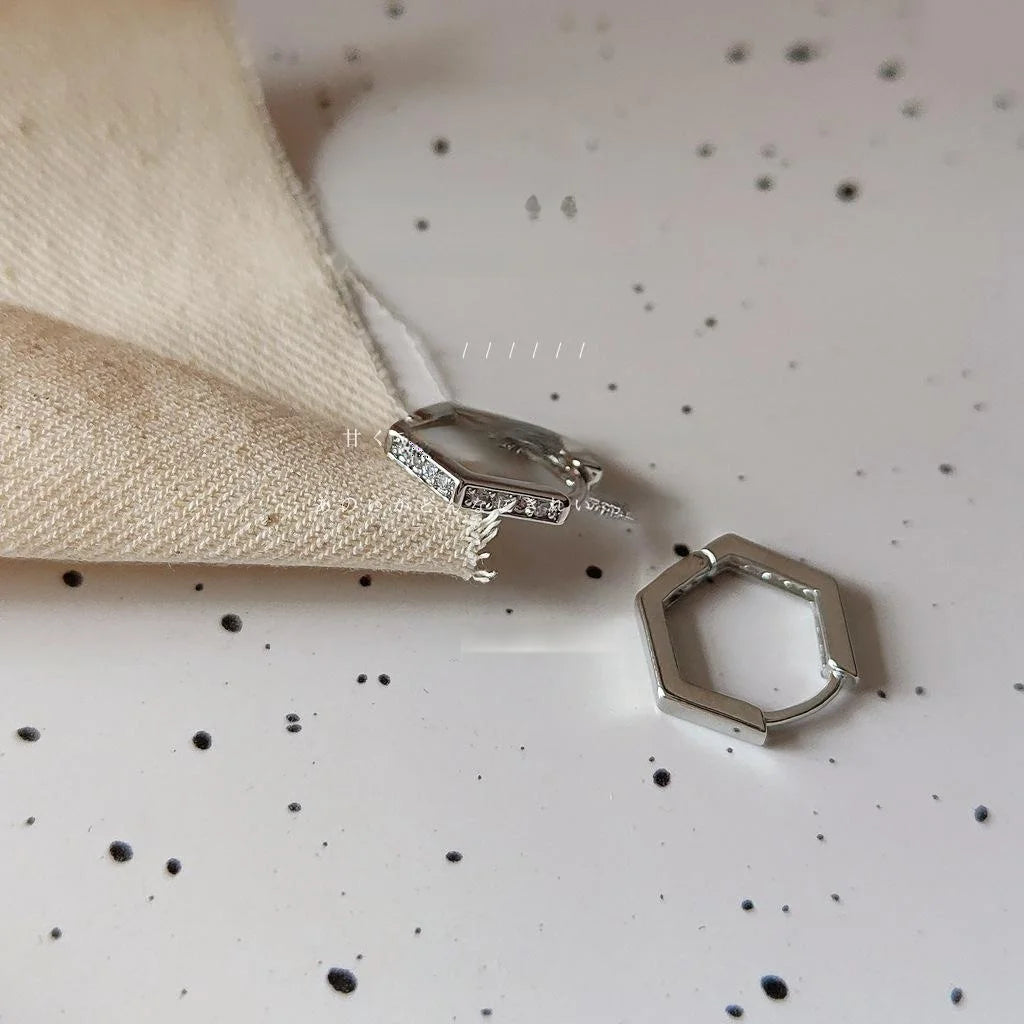 Micro Pave Zircon Hexagon Copper Drop Earrings Minimalist Korean Style Jewelry