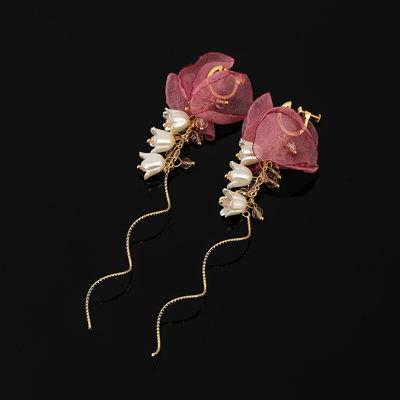 Elegant Pink Flower Pearl Tassel Stud & Clip On No Piercing Long Chain Wind Chime Earrings