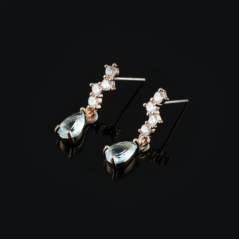 Elegant Blue Teardrop Zircon Gold Tone Alloy Spiral Stud & Clip On No Piercing Dangle Earrings