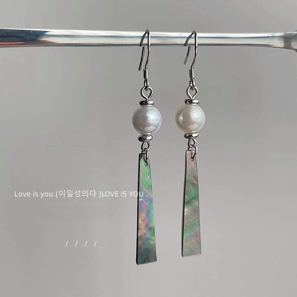New Chinese Style Abalone Shell Pearl Tassel Drop Earrings, Silver Plated Copper Geometric Jewelry