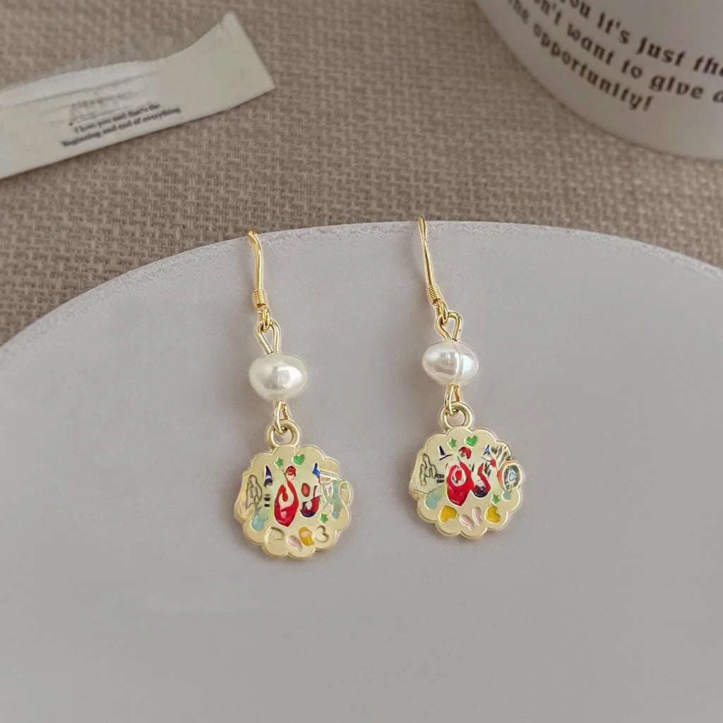 Vintage Handmade Freshwater Pearl Drop Earrings With English Letter Tag And Silver Plated Pins