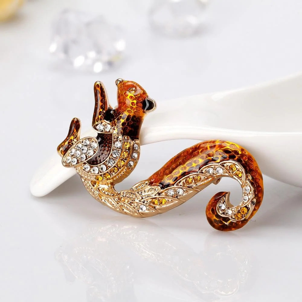 Luxury Gold Enamel Squirrel Brooch With Rhinestone Zircon Accents, Women's Lapel Pin Corsage Gift