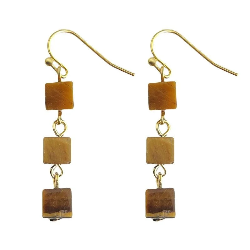 Handmade Vintage Tiger Eye Stone Irregular Geometric Square Tassel Drop Earrings