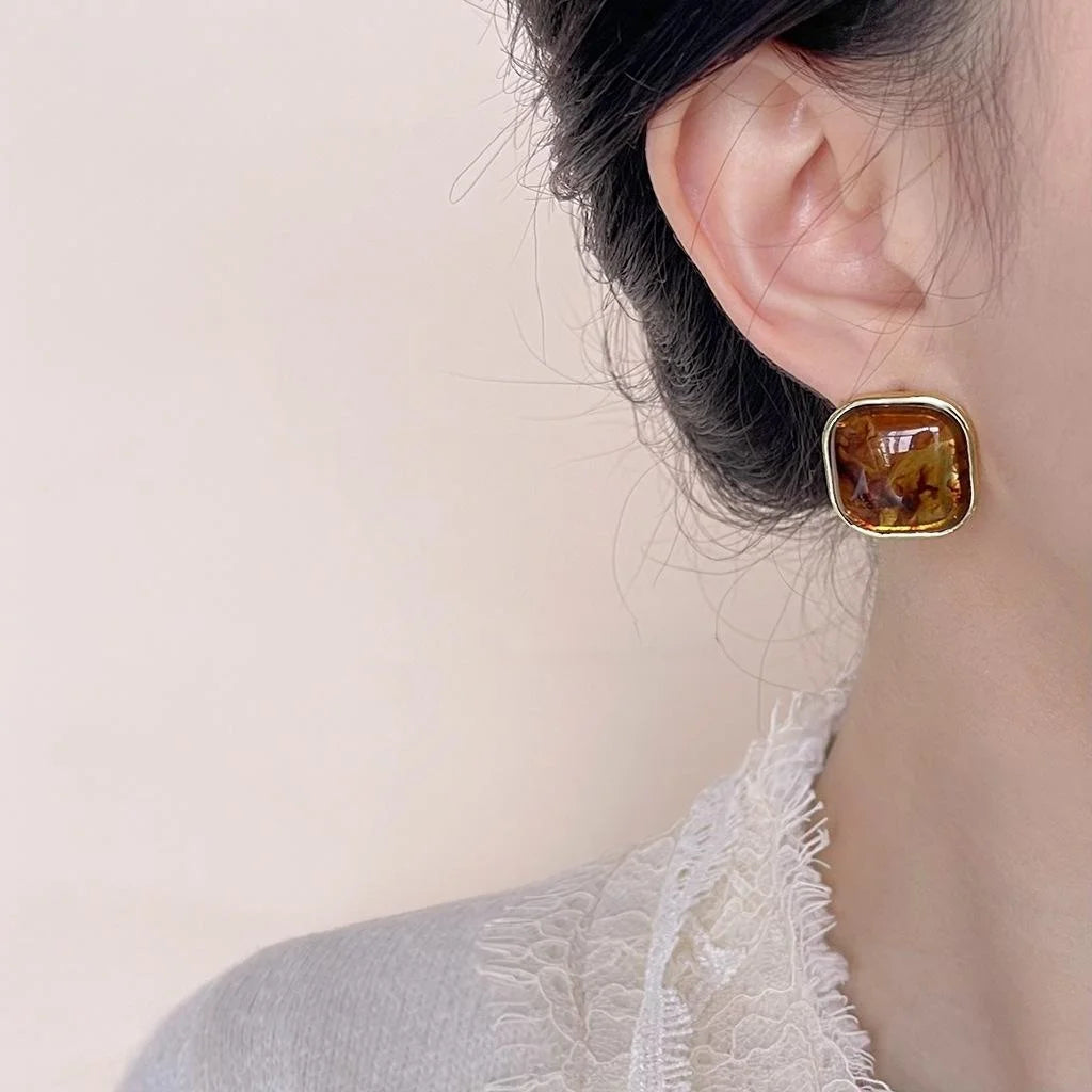 Vintage Maillard Style Amber Resin Square Stud Earrings 14K Gold Plated Copper