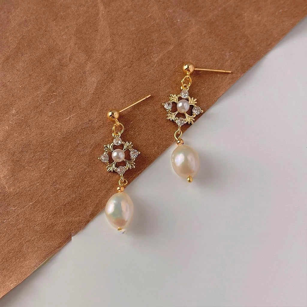 Vintage Geometric Baroque Freshwater Pearl Stud Earrings 14K Plated Copper Micro Pave Zircon