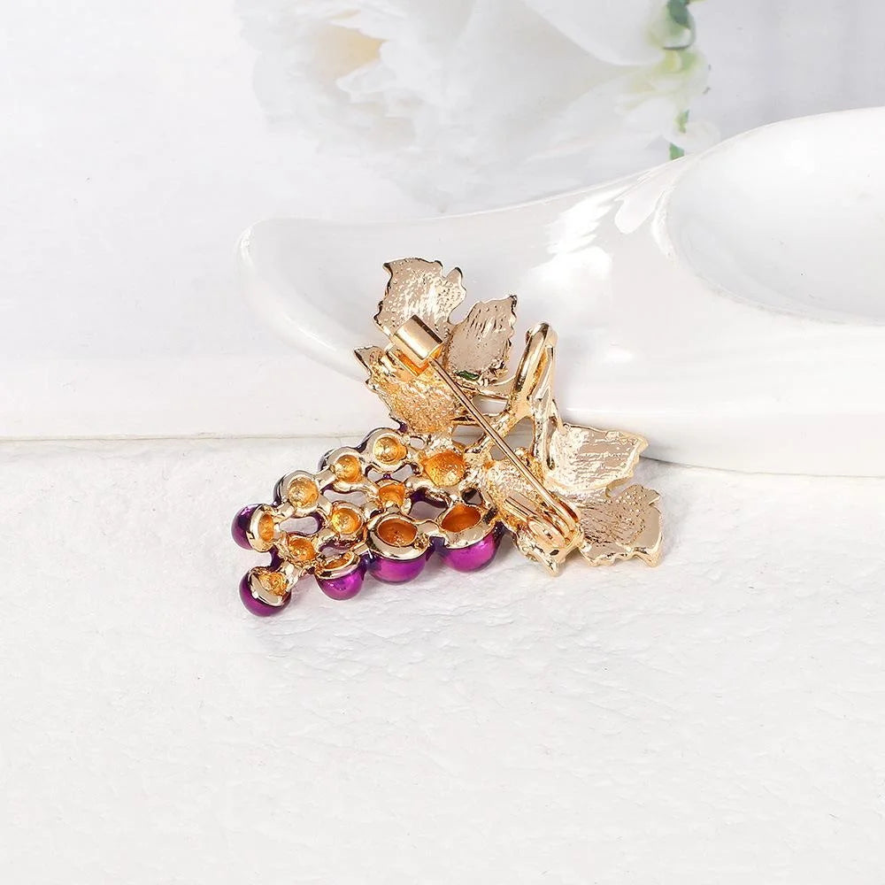 Elegant Purple Grape Brooch With Enamel Leaves And Rhinestones, Alloy Fruit Lapel Pin Suit Accessory Gift