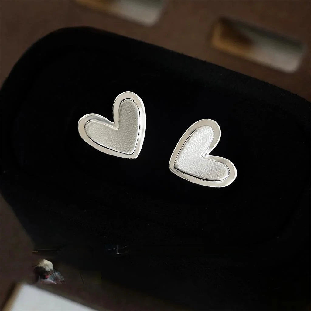 Korean Minimalist Brushed Double Layer Heart Copper Stud Earrings With Silver Plated Pins
