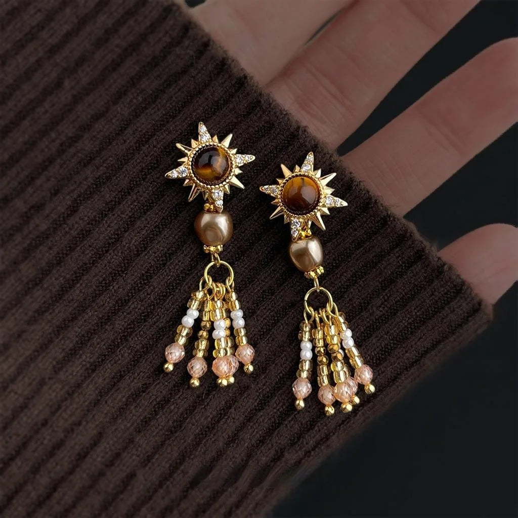 Vintage Maillard Tiger Eye Star Tassel Drop Earrings Copper Pearl Beaded Zircon Designer Jewelry
