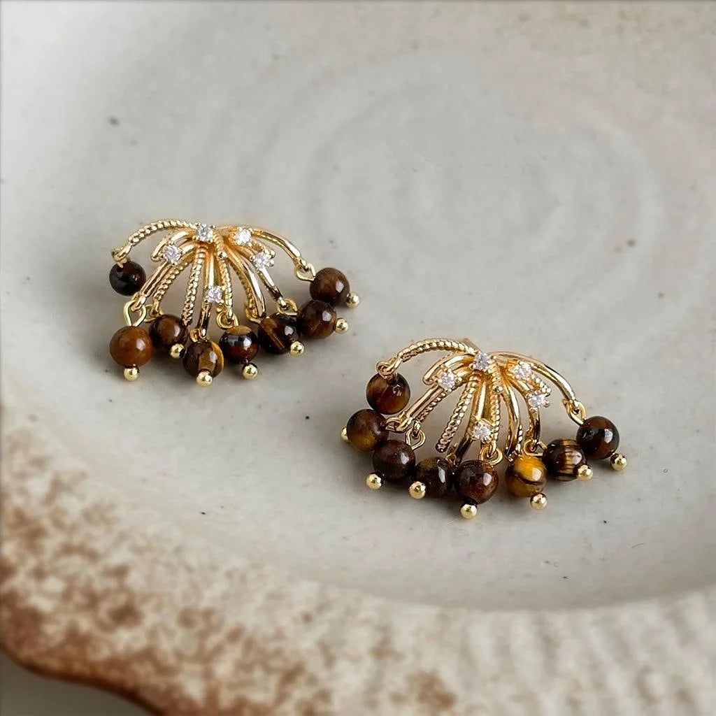 Maillard Style Silver Plated Copper Natural Tiger Eye Zircon Firework Tassel Drop Earrings