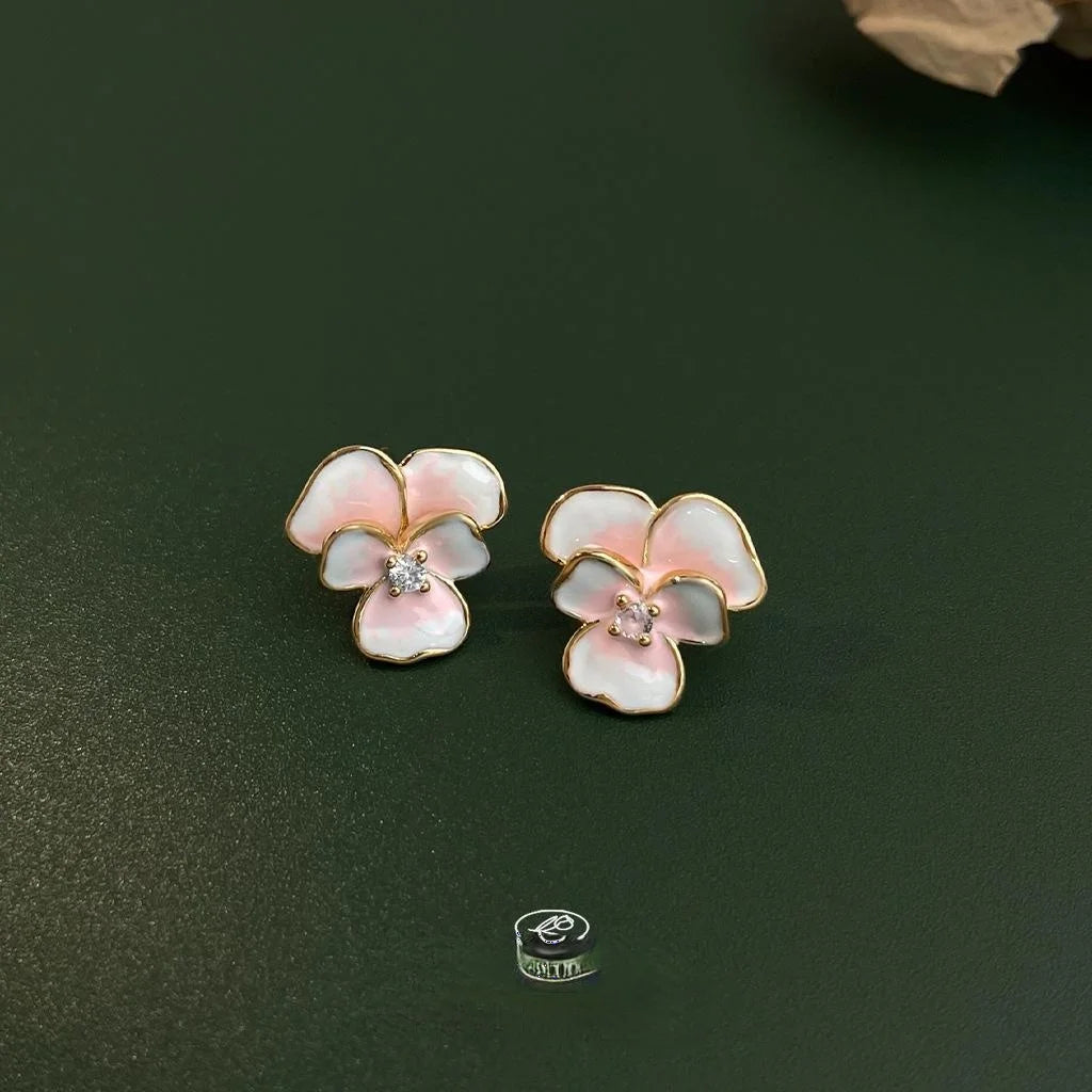 Sweet Gradient Enamel Copper Peach Blossom Iris Flower Stud Earrings, Cute Elegant Floral Jewelry