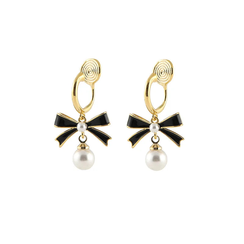 Elegant Black Enamel Bow Faux Pearl Drop Stud & Clip On No Piercing Alloy Fashion Earrings