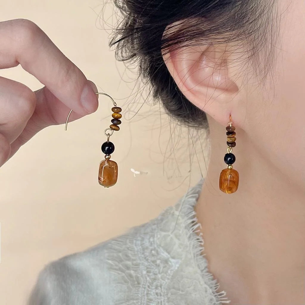 Handmade Vintage New Chinese Style Tiger Eye Natural Stone Irregular Geometric Drop Earrings
