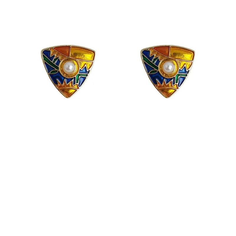 French Vintage Geometric Triangle Hand Painted Drip Enamel Zinc Alloy Stud Earrings