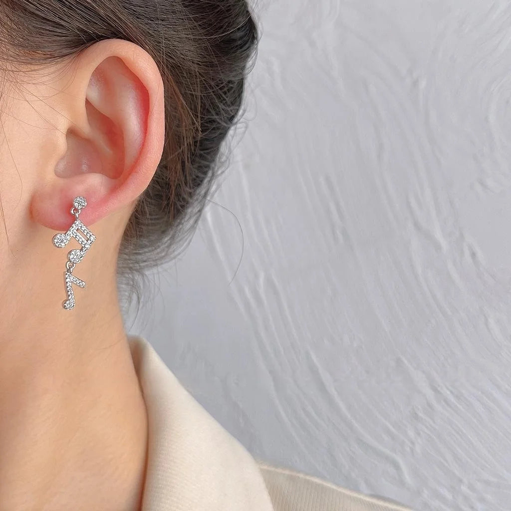 Asymmetric Music Note Micro Pave Zircon Copper Stud Earrings Silver Plated Sweet Cool Jewelry