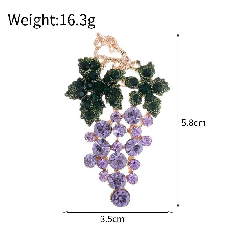 Elegant Purple Rhinestone Grape Brooch With Green Leaf Alloy Lapel Pin, Luxury Corsage Suit Accessory