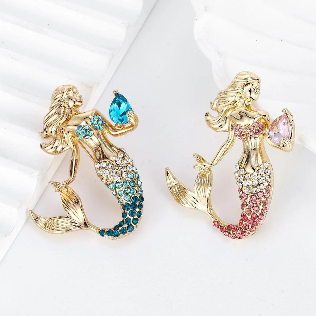 Luxury Gold Alloy Rhinestone Mermaid Brooch With Pink Crystal Pearl Lapel Pin Corsage Suit Accessory Gift