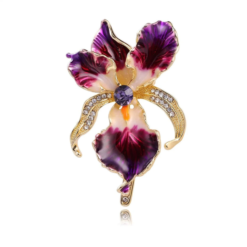 Elegant Purple Iris Enamel Alloy Brooch With Rhinestone Accents, Luxury Women's Lapel Pin Corsage Suit Accessory Gift