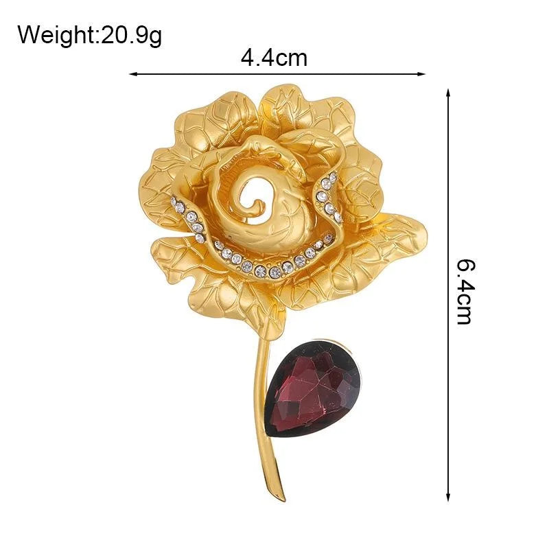 Vintage Gold Alloy Rose Flower Brooch With Rhinestone Petals And Red Crystal Drop, Elegant Lapel Pin Gift