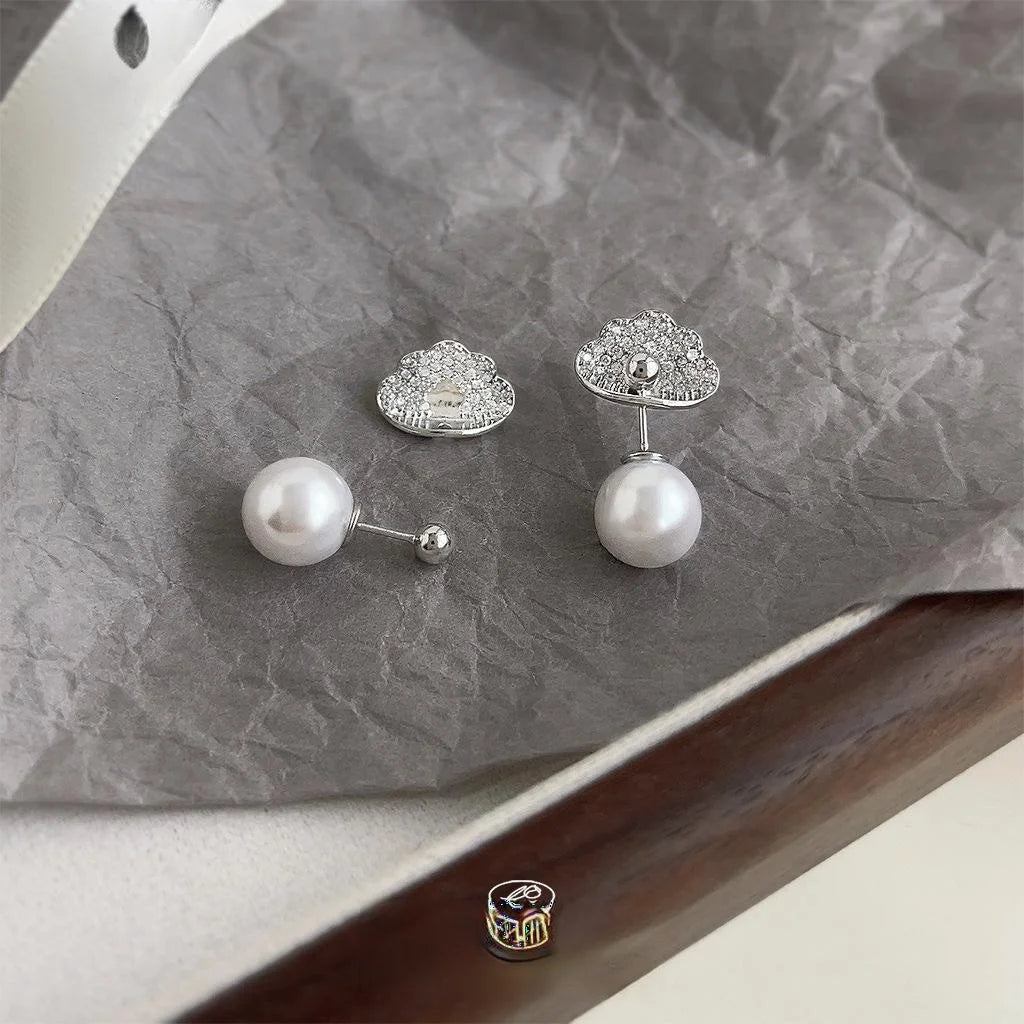 French Vintage Copper Cloud Pearl Micro Pave Zircon Stud Earrings Two Way Luxury Jewelry