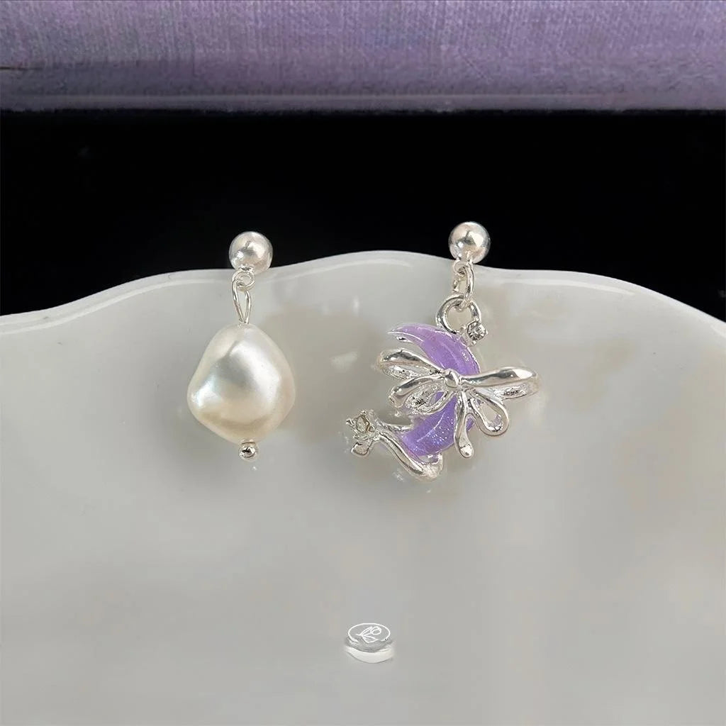 Asymmetric Freshwater Pearl Moon And Bow Geometric Drop Earrings For Women Instagram Style