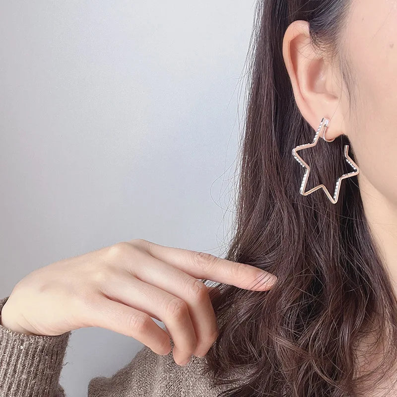 Elegant Silver Alloy Rhinestone Five Point Star Hoop Stud & Clip On No Piercing Fashion Earrings