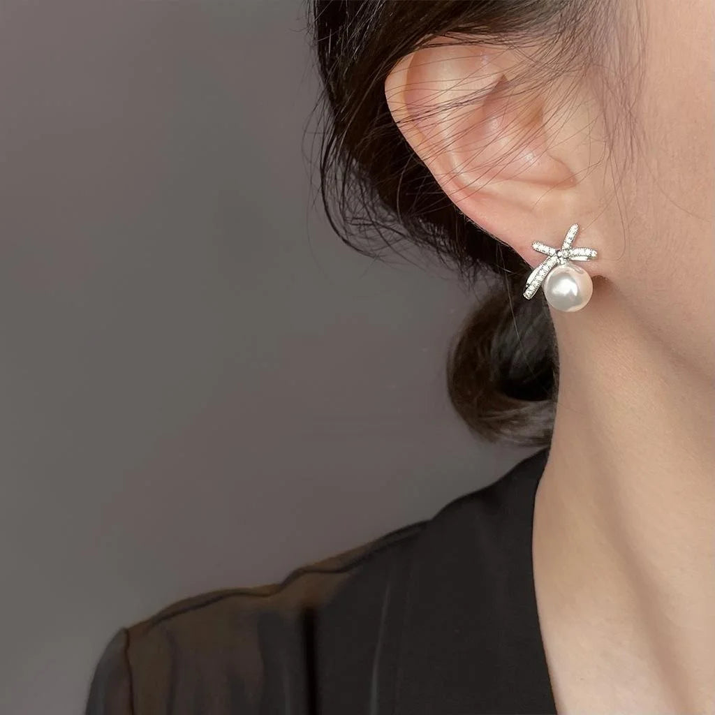 Light Luxury Bowknot Micro Pave Zircon Copper Silver Plated Stud Earrings For Women