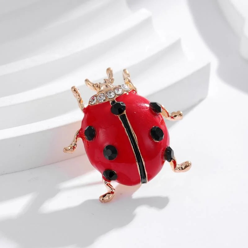 Cute Red Enamel Ladybug Brooch With Rhinestone Accents, Gold Tone Alloy Lapel Pin Corsage Gift