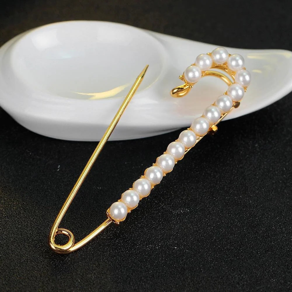 Elegant Gold Alloy Safety Pin Brooch With Faux Pearls, Vintage Sweater Scarf Buckle Lapel Pin Gift