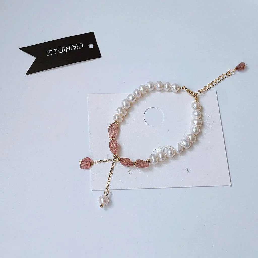 Real Gold Plated Freshwater Pearl Strawberry Quartz Korean Geometric Ring Bracelet