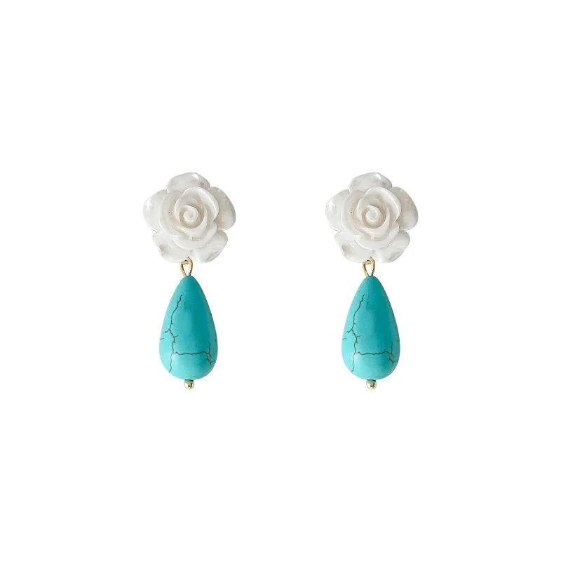 Vintage Ethnic Resin Rose Flower Stud Earrings With Synthetic Turquoise Teardrop Tassels