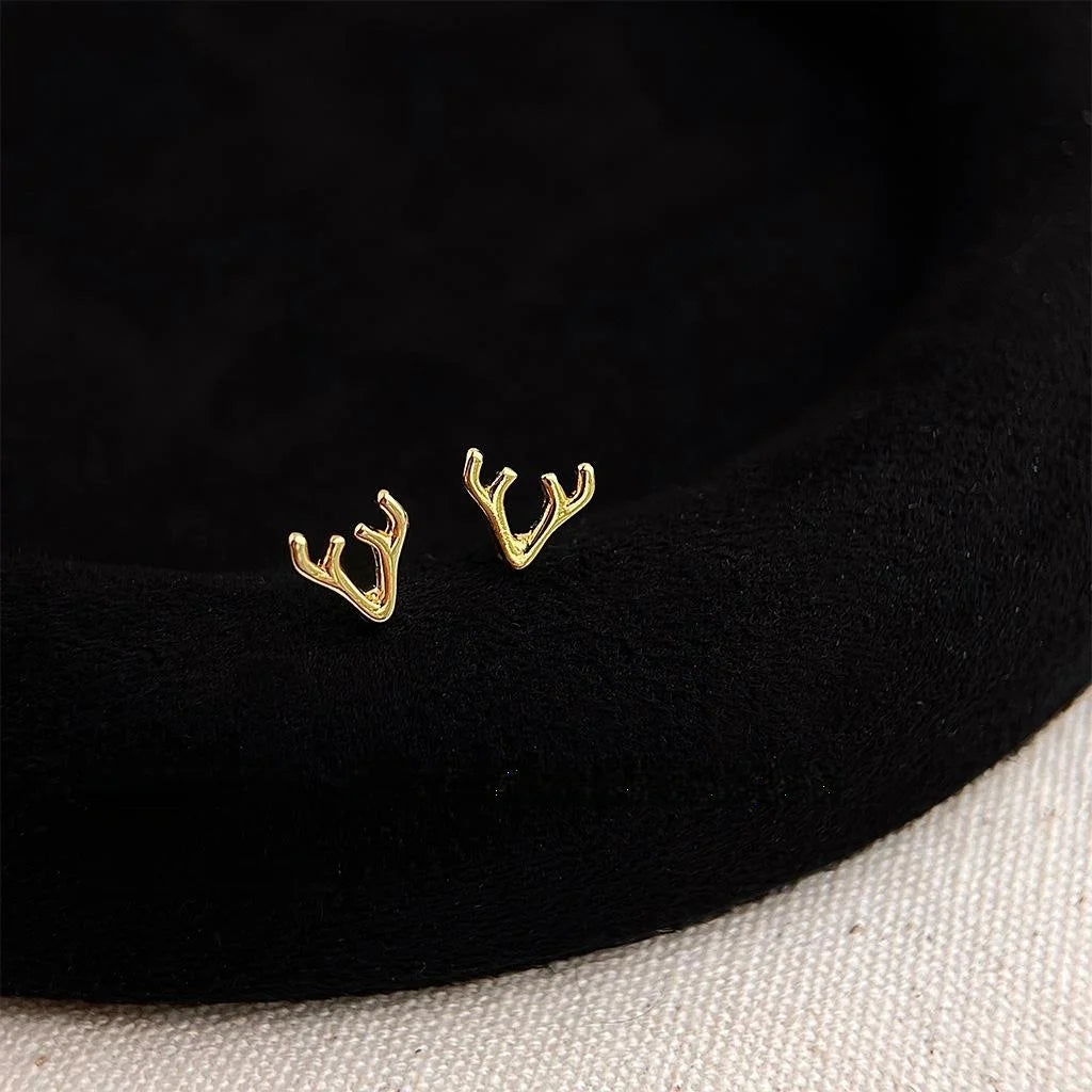 14K Gold Plated Copper Mini Deer Antler Stud Earrings, Cute Christmas Animal Jewelry