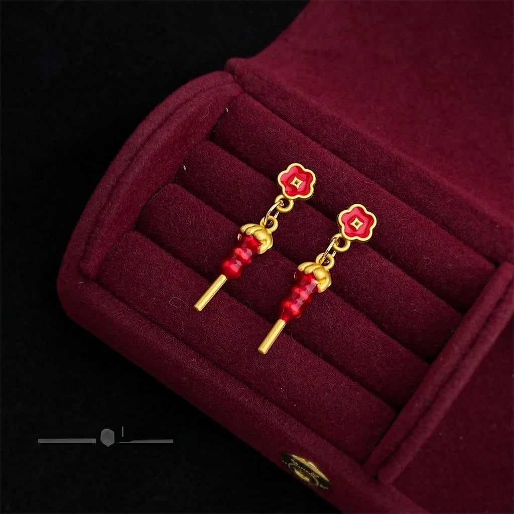 Chinese Style Red Enamel Glazed Gourd Tanghulu Flower Drop Earrings With Copper Body