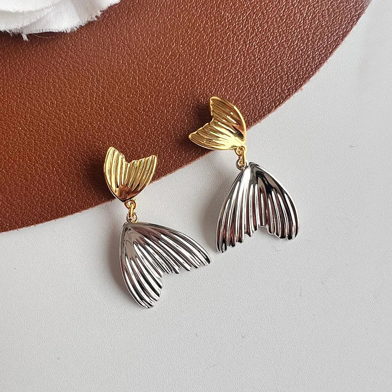 Elegant Two Tone Alloy Spiral Fish Tail Drop Stud & Clip On No Piercing Minimalist Statement Earrings