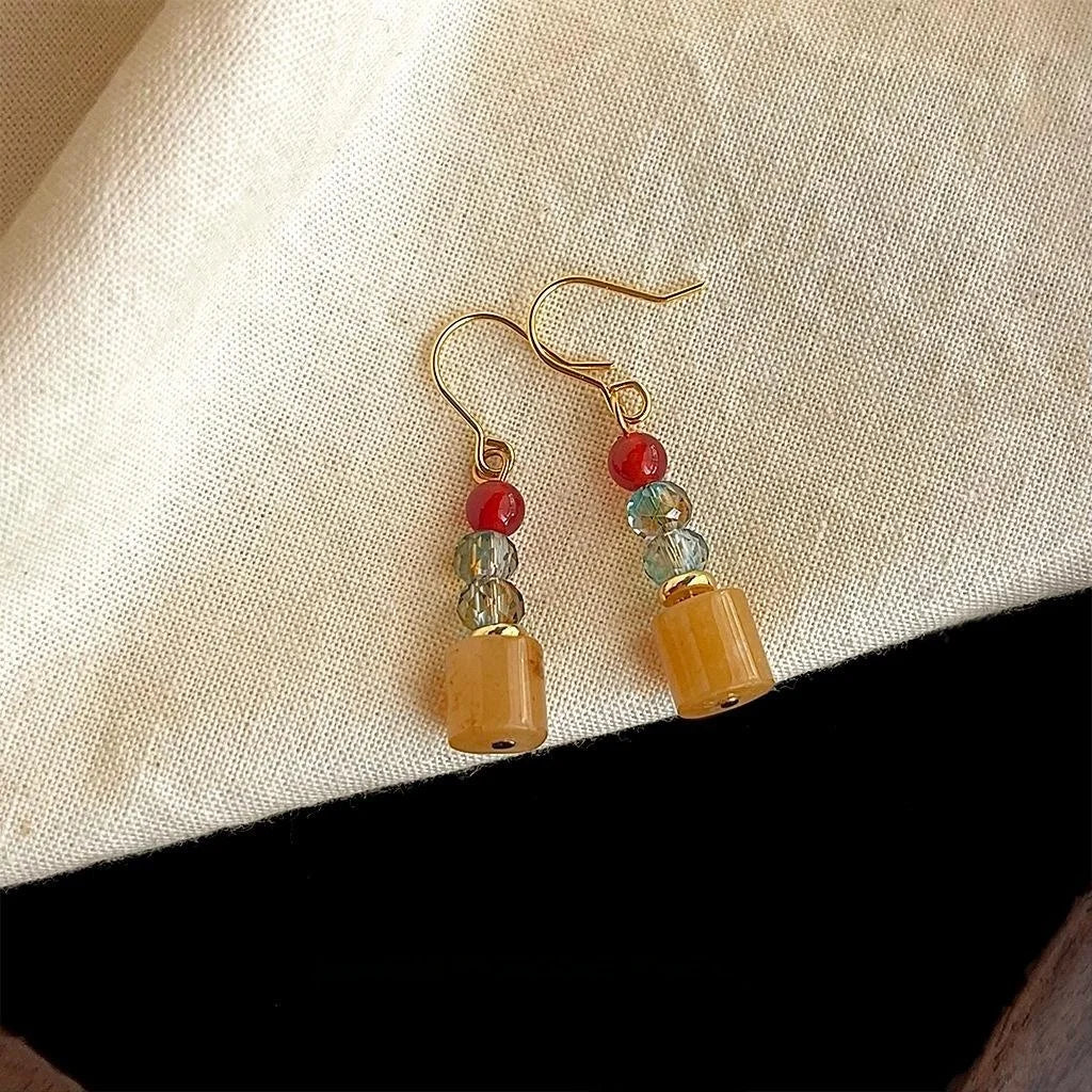 Handmade Natural Stone Geometric Drop Earrings Vintage Chinese Style Round Oval Hexagon Jewelry