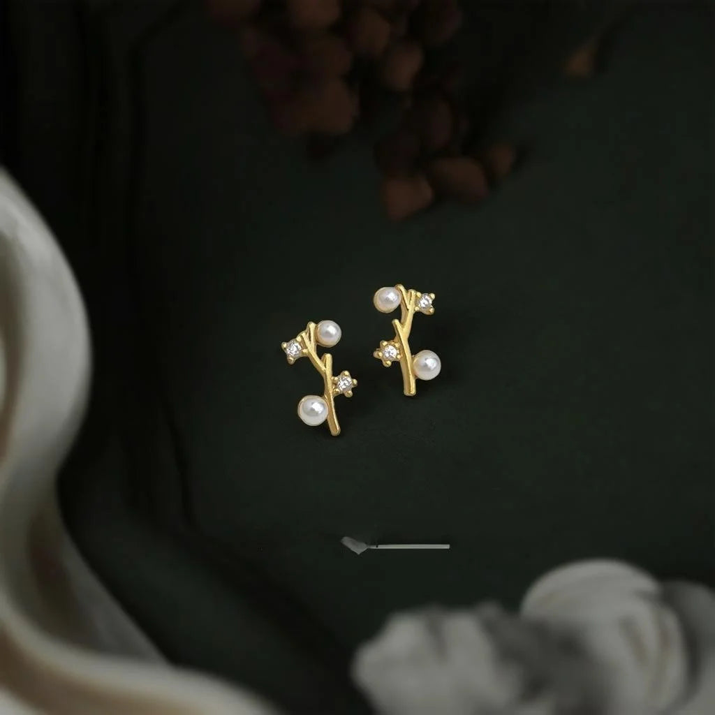 14K Plated Eco Copper Geometric Branch Line Zircon Stud Earrings For Women