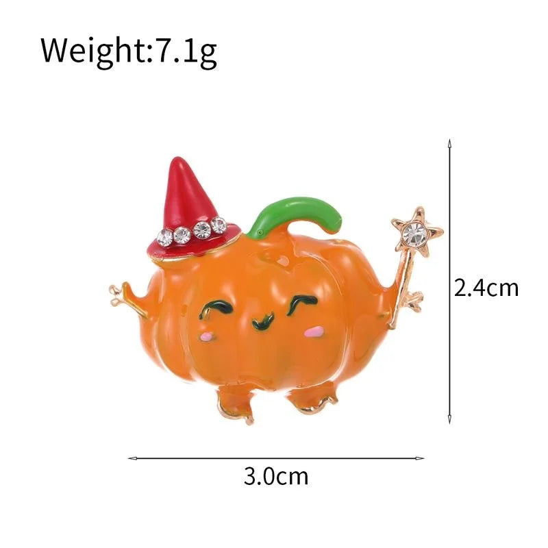 Cute Enamel Pumpkin Witch Brooch With Rhinestone Hat And Magic Wand, Luxury Halloween Lapel Pin Gift