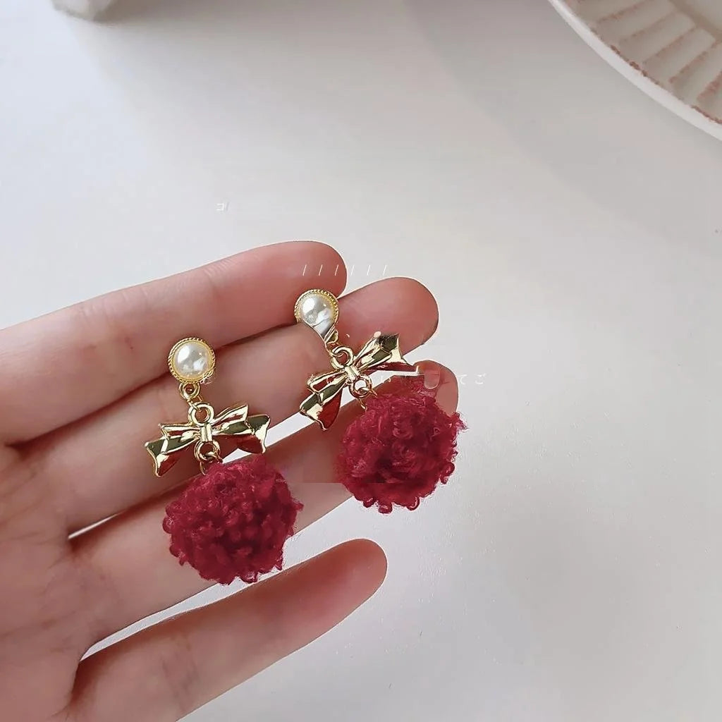 Burgundy Lambswool Pom Pom Bow Stud Earrings Silver Plated Korean Japanese Winter Jewelry