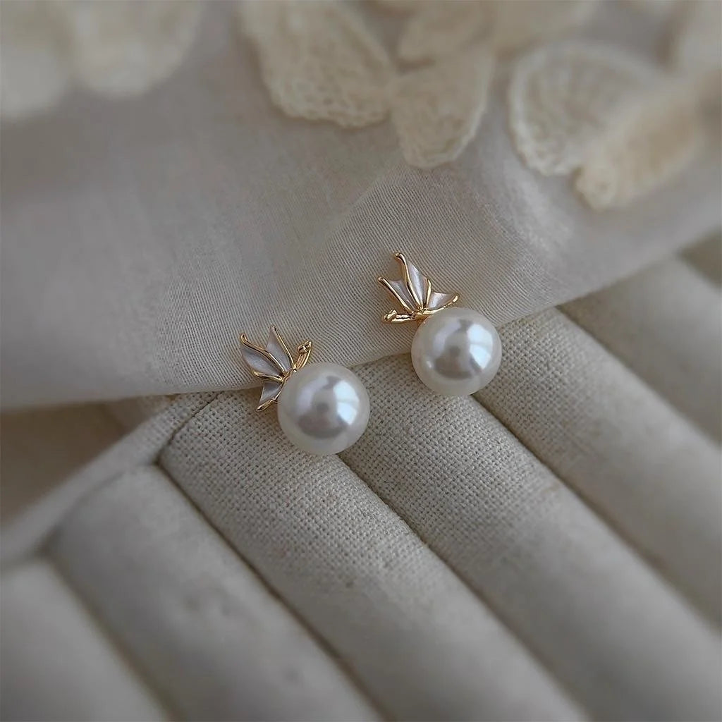 Copper Glass Pearl Butterfly Stud Earrings Forest Fairy Sweet Elegant Jewelry For Women