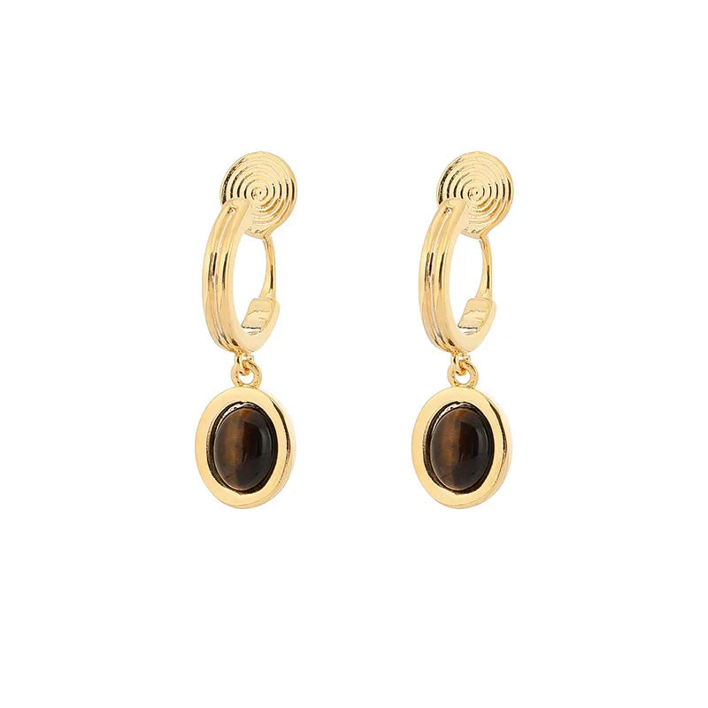 Vintage Gold Alloy Spiral Tiger Eye Oval Drop Stud & Clip On No Piercing Brown Dangle Earrings