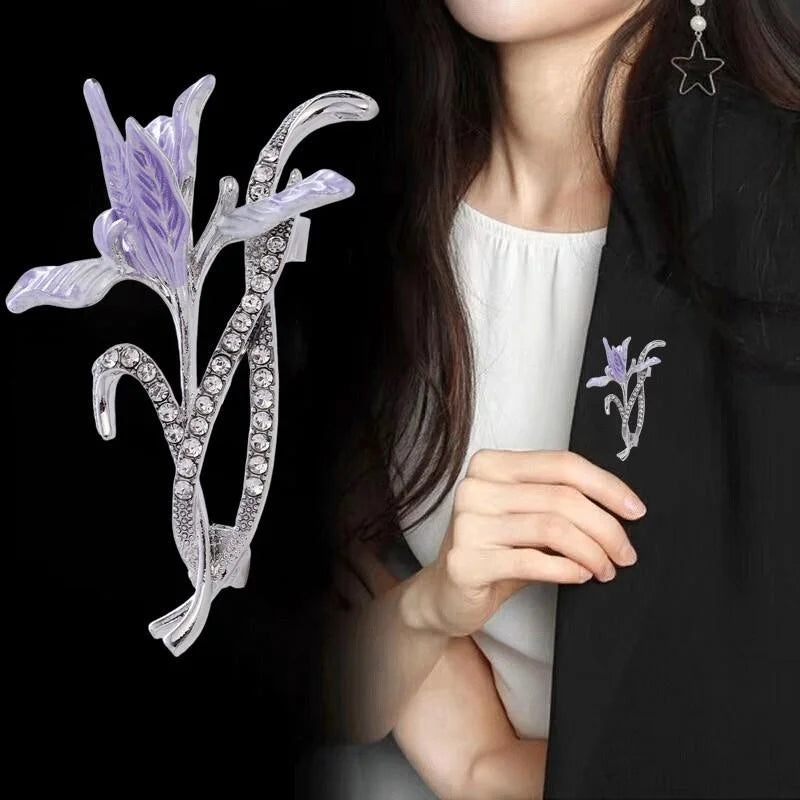 Elegant Purple Enamel Iris Flower Brooch With Rhinestone Stems, Silver Alloy Lapel Pin Corsage Gift