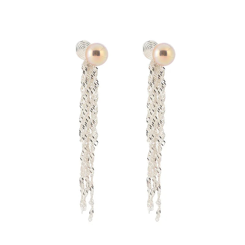 Elegant Luxury Spiral Pink Pearl Long Chain Tassel Alloy Stud & Clip On No Piercing Drop Earrings