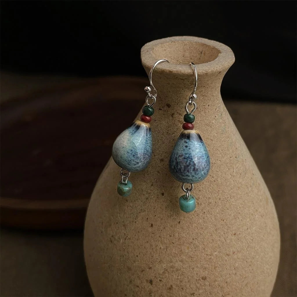 Handmade Ceramic Gourd Drop Earrings Vintage Chinese Style Geometric Round Waterdrop Jewelry