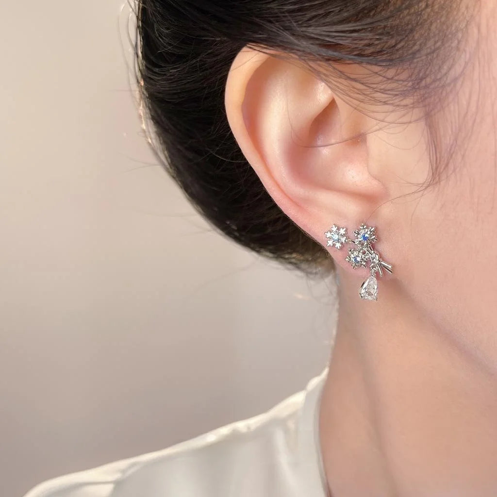 Original Snowflake Aquamarine Zircon Copper Drop Earrings Designer Floral Geometric Style