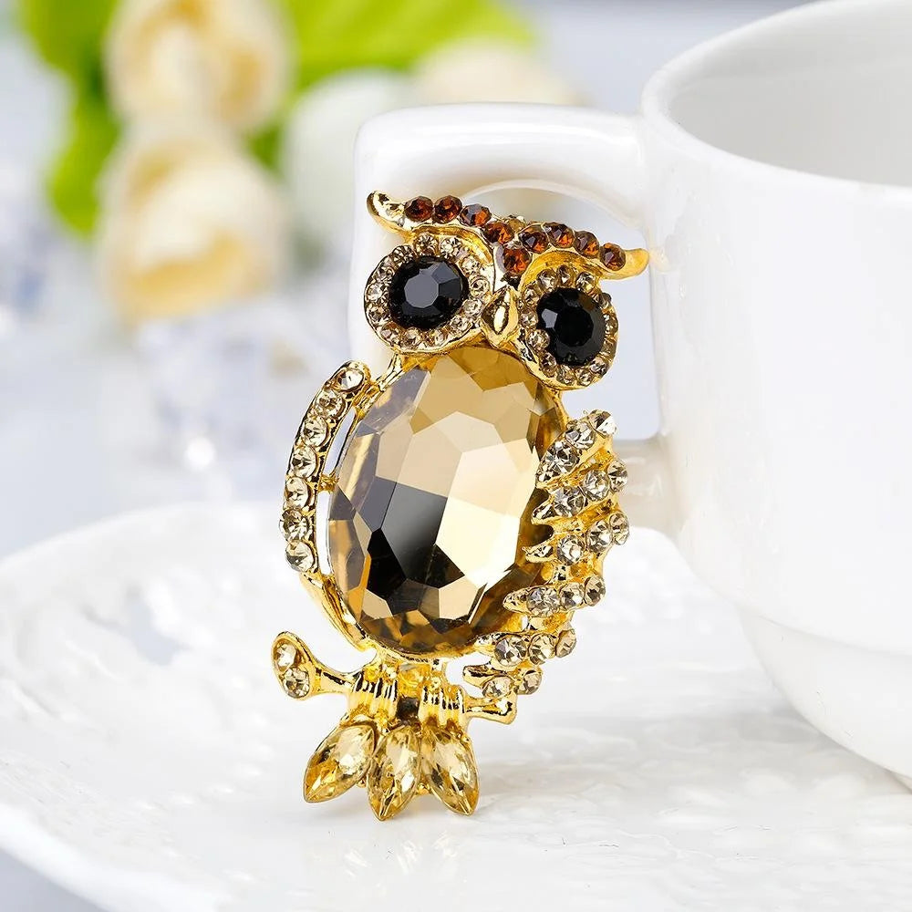 Luxury Royal Blue Acrylic Owl Brooch With Rhinestone Alloy Hollow Lapel Pin Corsage Suit Accessory Gift