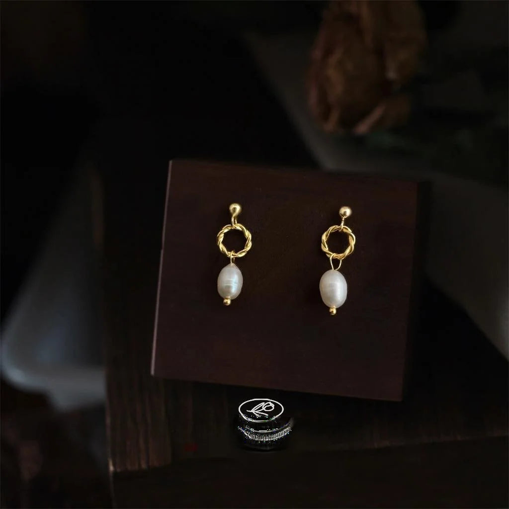 Natural Freshwater Pearl Oval Geometric Drop Earrings Handmade Light Luxury Silver Plated Posts