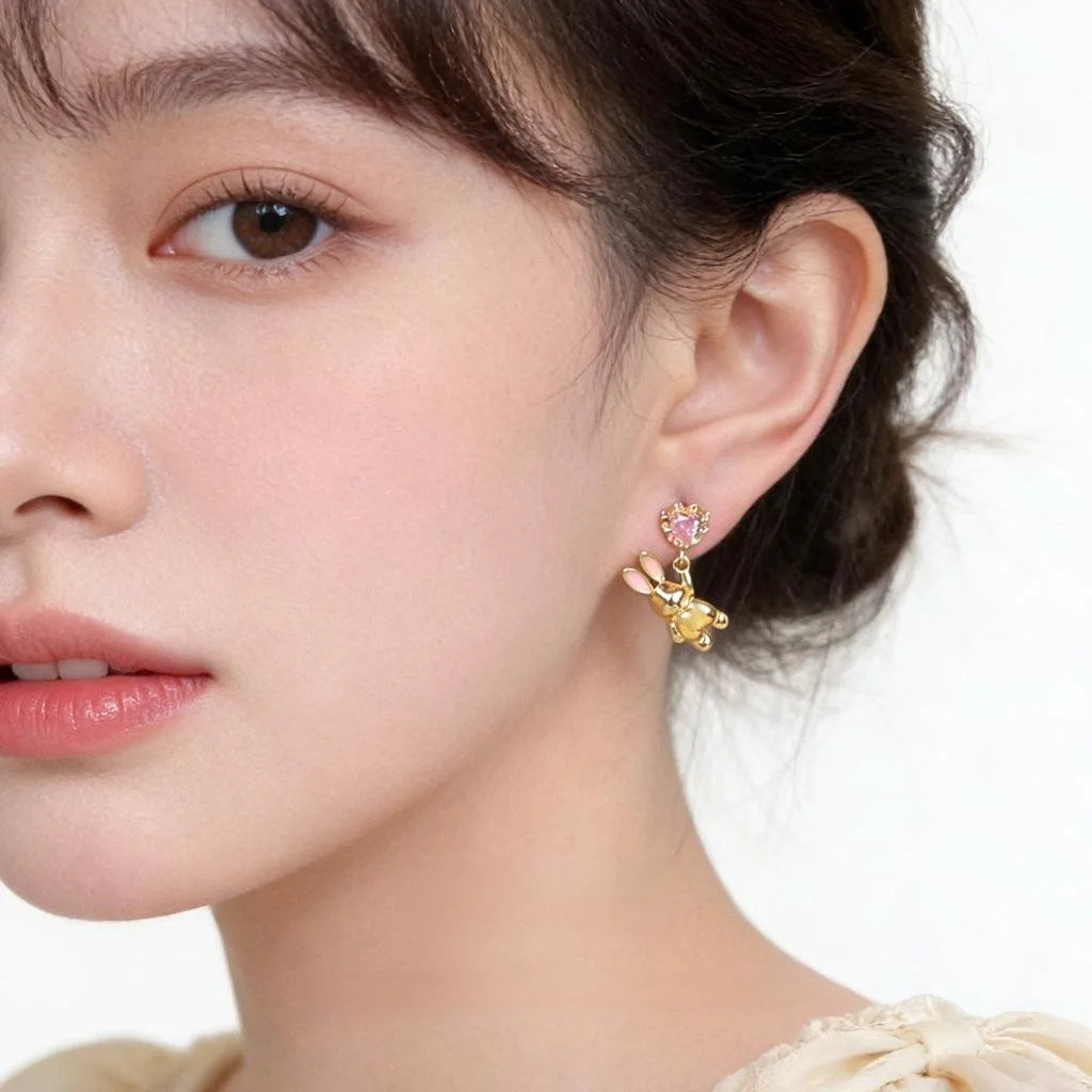 Cute Asymmetric Rabbit Drop Earrings With Zircon Inlay, Enamel Copper