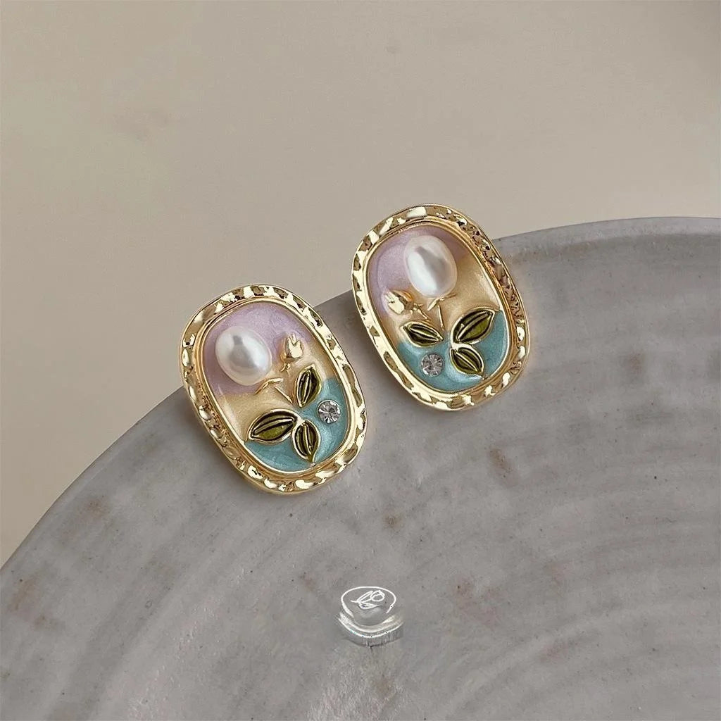 Freshwater Pearl 14K Plated Enamel Floral Pastoral Copper Drop Earrings