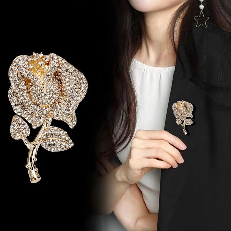 Elegant Rhinestone Rose Flower Brooch Gold Alloy Lapel Pin Corsage For Women's Suit Accessory Gift
