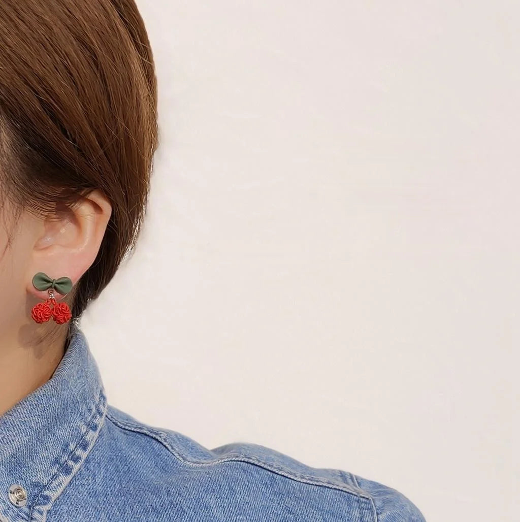 Sweet Cherry Stud Earrings Copper Enamel Leaf Fruit Jewelry